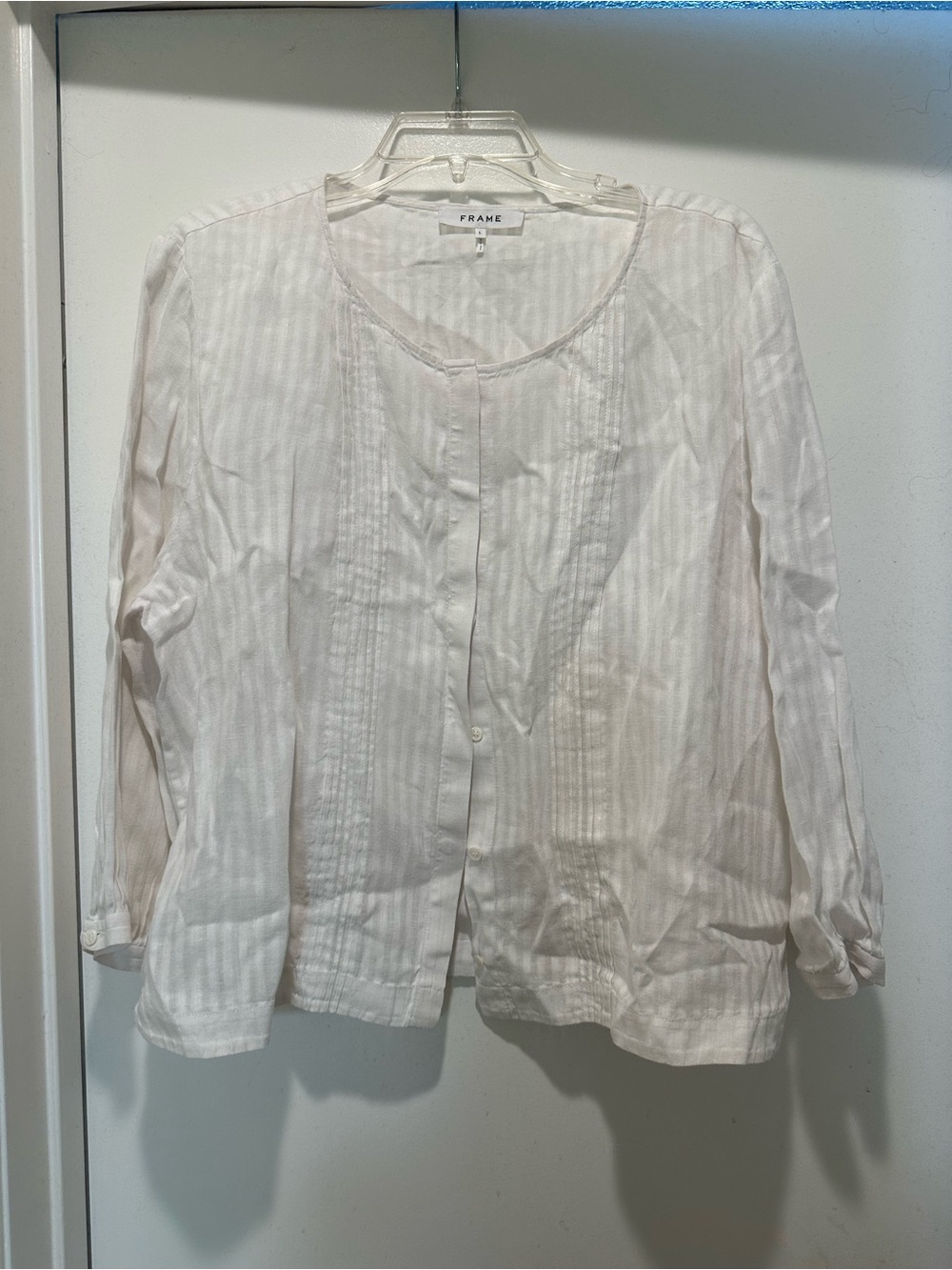 Frame Pintucked White Pinstripe Button-Front Blouse 100% Linen Size Large